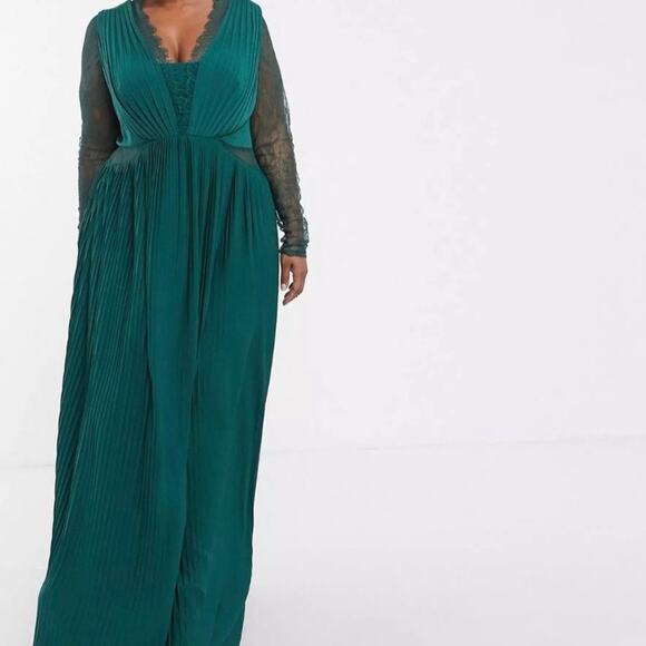 Asos Curve New Sz 16 Pleated Maxi Dress with Lace Sleeves Bridesmaid Deep Green - Picture 2 of 16
